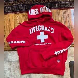 Lifeguard Womens Red Long Sleeve Clearwater Beach FL Pullover Hoodie Size L